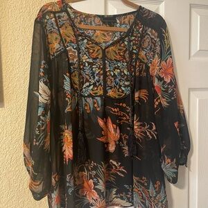 Buffalo David Bitton Black Floral Peasant Tunic with Orange & Teal Accents